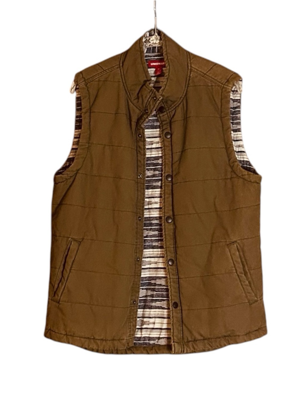 Unionbay M Quilted Vest Olive Brown Cotton Southwest Lining Utility Barn Fall